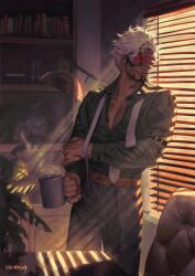 Rule 34 | 1boy, ace attorney, arm belt, artist name, beard, belt, black pants, window blinds, book, bookshelf, chair, commentary, cup, day, desk, english commentary, facial hair, godot (ace attorney), highres, holding, holding cup, indoors, lamp, long sleeves, male focus, mr kasuy, mug, necktie, pants, pectorals, plant, potted plant, shadow, solo, standing, steam, undone necktie, white hair