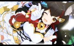 Rule 34 | 1girl, animal ear fluff, animal ears, bell, black hair, blush, breasts, fang, gloves, gold trim, hair between eyes, hair ornament, hololive, jingle bell, kouhaku nawa, letterboxed, long hair, looking at viewer, multicolored hair, nejime, one eye closed, ookami mio, open mouth, red hair, rope, shimenawa, skin fang, sleeveless, smile, solo, streaked hair, very long hair, virtual youtuber, wolf ears, wolf girl, yellow eyes