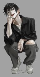 Rule 34 | 1boy, black hair, black jacket, black pants, blue eyes, full body, fushiguro touji, grey background, hair between eyes, hand up, highres, jacket, jujutsu kaisen, keki chogyegi, long sleeves, looking at viewer, male focus, middle finger, nike (company), nike air force 1, open mouth, pants, scar, scar on face, shirt, shoes, short hair, simple background, smile, sneakers, solo, squatting, tongue, tongue out, torn clothes, torn pants, tsurime, v-neck, white footwear, white shirt