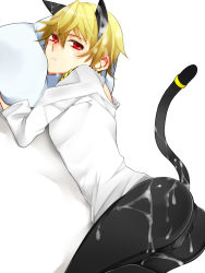 Rule 34 | 1boy, animal ears, ass, ass focus, blonde hair, blush, bulge, cat boy, cat ears, cat tail, cum, cum on clothes, cum on hair, facial, fate/stay night, fate/zero, fate (series), from behind, gilgamesh (fate), haine (howling), looking back, male focus, official alternate costume, pillow, red eyes, simple background, solo, tail, type-moon, white background