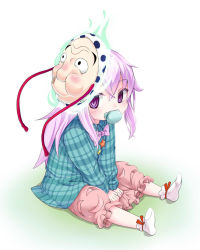 Rule 34 | 1girl, baby, bad id, bad pixiv id, bow, bubble skirt, commentary, expressionless, hata no kokoro, hyottoko mask, long hair, long sleeves, looking at viewer, mask, mouth mask, pacifier, pink hair, purple eyes, shirt, sitting, skirt, socks, solo, touhou, v arms, very long hair, yani (nokori life1), aged down