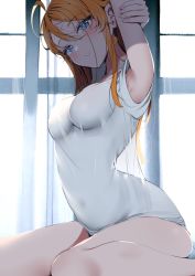 Rule 34 | 1girl, armpits, arms up, blue eyes, blush, breasts, commentary request, facial tattoo, highres, indoors, long hair, looking at viewer, medium breasts, on floor, open mouth, orange hair, original, ouchi kaeru, shirt, sitting, solo, stretching, tattoo, thighs, white shirt
