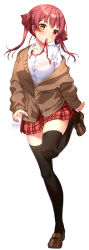 Rule 34 | 1girl, alternate costume, artist name, black thighhighs, blazer, blush, breasts, brown footwear, cardigan, full body, hair ribbon, heterochromia, highres, hololive, houshou marine, jacket, long hair, long sleeves, looking at viewer, medium breasts, mouth hold, neck ribbon, plaid, plaid skirt, red eyes, red hair, red neckwear, red ribbon, red skirt, ribbon, rosuuri, school uniform, shirt, shoes, simple background, skirt, solo, thighhighs, twintails, undone neck ribbon, virtual youtuber, watermark, web address, white background, white shirt, yellow eyes, zettai ryouiki