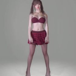 Rule 34 | 1girl, 3d, animated, asian, bare arms, bare shoulders, blunt bangs, bra, breasts, bulge, censored, clothes lift, developing erection, erection, expressionless, facing viewer, flaccid, garter straps, grey background, head tilt, interior, large breasts, large penis, lifted by self, lipstick, looking at viewer, lowres, mafavam, makeup, medium breasts, midriff, miniskirt, mosaic censoring, no panties, penis, pigeon-toed, plaid, plaid skirt, simple background, skirt, skirt lift, solo, standing, tagme, testicles, thighhighs, twintails, underwear, video