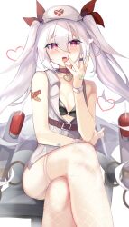 Rule 34 | 1girl, absurdres, azur lane, bandaid, bandaid on arm, bandaid on hand, bandaid on shoulder, bare shoulders, black bra, bra, breasts, commentary, crossed legs, fishnet thighhighs, fishnets, garter straps, hair between eyes, hair ribbon, hat, heart, heart-shaped pupils, heart collar, highres, long hair, looking at viewer, moyumidori, nurse, nurse cap, official alternate costume, open mouth, red eyes, red ribbon, ribbon, simple background, sitting, small breasts, solo, symbol-only commentary, symbol-shaped pupils, thighhighs, twintails, underwear, vampire (azur lane), vampire (little devil in white) (azur lane), white background, white garter straps, white hair, white thighhighs