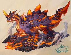 Rule 34 | animal focus, artist name, brown background, claws, commentary, dragon, english commentary, from side, full body, horns, lava, no humans, original, profile, rock, signature, simple background, single horn, slit pupils, solo, spikes, steam, tail, twitter username, wings, yamamura le, yellow eyes