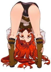 1girl absurdres black_shorts boots breasts brown_footwear c: eris_greyrat full_body highres knee_boots long_hair looking_at_viewer looking_through_own_legs mokkori mushoku_tensei neck_ribbon red_eyes red_hair red_ribbon ribbon shirt short_shorts shorts simple_background sleeves_past_elbows small_breasts smile solo v-shaped_eyebrows white_background white_shirt