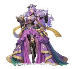 Rule 34 | 1girl, alternate costume, armor, bare shoulders, between breasts, book, breasts, camilla (alluring darkness) (fire emblem), camilla (fire emblem), cleavage, copyright name, detached sleeves, dress, female focus, fire emblem, fire emblem fates, fire emblem heroes, frilled dress, frills, full body, gloves, hair over one eye, holding, holding book, large breasts, long hair, looking at viewer, nintendo, official alternate costume, okuma mai, pantyhose, purple eyes, purple gloves, purple hair, purple pantyhose, smile, solo, tiara, very long hair, wavy hair