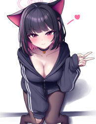 Rule 34 | 1girl, absurdres, animal ears, black choker, black hair, black jacket, blue archive, blush, breasts, cat ears, choker, cleavage, colored inner hair, extra ears, hair ornament, hairclip, halo, highres, hood, hooded jacket, jacket, kazusa (blue archive), large breasts, looking at viewer, medium breasts, metaljelly, multicolored hair, pantyhose, pink hair, red eyes, short hair, solo, two-tone hair, v