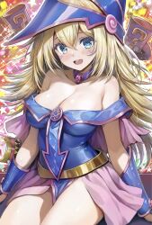 1girl :d bare_shoulders blonde_hair blue_dress blue_eyes blue_hat blush blush_stickers bracer breasts cleavage collarbone commentary_request dark_magician_girl dress duel_monster green_eyes groin hair_between_eyes hat highres large_breasts long_hair looking_at_viewer magic_cylinder magical_hats_(yu-gi-oh!) off-shoulder_dress off_shoulder open_mouth pelvic_curtain pentagram pink_skirt shiny_skin showgirl_skirt simple_background sitting skirt smile solo staryume teeth tongue upper_teeth_only v white_background witch_hat yu-gi-oh!