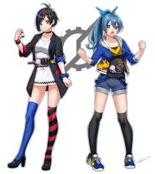 Rule 34 | 2girls, :o, absurdres, antenna hair, asymmetrical legwear, bad id, bad pixiv id, bandaid, bandaid on face, bandaid on nose, black choker, black coat, black footwear, black hair, black legwear, black shirt, blue eyes, blue hair, blue jacket, blue legwear, blue scrunchie, blue shorts, breasts, choker, clenched hands, closed mouth, coat, collarbone, commentary request, dress, fang, full body, hair ornament, hand up, hands up, head tilt, heterochromia, high heels, highres, holding, hood, hood down, hooded jacket, jacket, kamen rider, kamen rider build, kamen rider build (series), kamen rider cross-z, long hair, looking at viewer, medium breasts, mismatched legwear, multicolored hair, multiple girls, open clothes, open coat, open jacket, open mouth, personification, polka dot, ponytail, red eyes, red hair, red legwear, rider-tan, sakura chiyo (konachi000), scrunchie, shirt, shoes, short hair, shorts, signature, sleeves rolled up, smile, sneakers, standing, streaked hair, striped clothes, striped legwear, striped thighhighs, thighhighs, thighs, white background, white dress, wing collar, wrist scrunchie, wristband