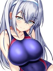 Rule 34 | 1girl, breasts, collarbone, competition swimsuit, covered navel, fuyutsuki (kancolle), grey eyes, grey hair, hair between eyes, headband, highres, kantai collection, large breasts, long hair, montemasa, one-piece swimsuit, one side up, purple one-piece swimsuit, simple background, solo, swimsuit, upper body, white background, white headband