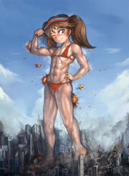 Rule 34 | abs, aircraft, airplane, biceps, bikini, building, city, cloud, destruction, explosion, fighter jet, fire, giant, giantess, hands on own hips, huge giantess, jet, kantai collection, military, military vehicle, muscular, one eye closed, red eyes, red hair, ryuujou (kancolle), sky, smile, sweat, swimsuit, twintails, wink, yilx