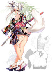 Rule 34 | 1girl, animal ear fluff, animal ears, armor, ass, ass cutout, bare shoulders, brown eyes, clothing cutout, commentary request, copyright request, dragonmaterial, finger to mouth, fingerless gloves, fishnets, fox ears, fox tail, full body, gloves, hair bun, japanese clothes, katana, kimono, leaning forward, mask, mask on head, obi, oni mask, panties, revealing clothes, sandals, sash, short kimono, sidelocks, single hair bun, smile, solo, standing, sword, tabi, tail, tail through clothes, thigh strap, underwear, weapon, white gloves, white hair, white panties