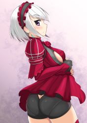 Rule 34 | 10s, 1girl, alfort (may0508), ass, ass cutout, blush, bodysuit, breasts, butt crack, chaika bogdan, clothing cutout, dress, earrings, fingerless gloves, flower, gloves, hairband, headdress, hitsugi no chaika, jewelry, lolita hairband, long sleeves, looking at viewer, looking back, pantylines, profile, puffy sleeves, purple eyes, red flower, red rose, rose, short hair, shorts, sideboob, silver hair, solo, thighhighs