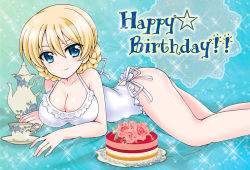 Rule 34 | 10s, ass, blonde hair, blue background, blue eyes, braid, breasts, cake, cleavage, cup, darjeeling (girls und panzer), flower, food, girls und panzer, happy birthday, kuromori yako, large breasts, looking at viewer, lying, on stomach, one-piece swimsuit, rose, saucer, smile, solo, sparkle, swimsuit, teacup, teapot, thighs, white one-piece swimsuit