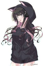Rule 34 | 1girl, :o, alternate costume, animal hood, black hair, black hoodie, blush, breasts, cat day, cat hood, collarbone, commentary request, cowboy shot, drawstring, fang, hands in pockets, headphones, hood, hood up, hoodie, kantai collection, large breasts, long hair, long hoodie, long sleeves, looking at viewer, mikage takashi, multicolored hair, naganami (kancolle), outline, pink hair, purple eyes, sidelocks, simple background, solo, twitter username, two-tone hair, wavy hair, white background