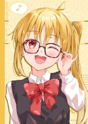 Rule 34 | 1girl, adjusting eyewear, ahoge, black sweater vest, blonde hair, blush, bocchi the rock!, bow, collared shirt, detached ahoge, glasses, hand up, highres, ijichi nijika, kikugawa roku, long hair, musical note, one eye closed, open mouth, red bow, red eyes, shirt, side ponytail, smile, solo, spoken musical note, sweater vest, upper body, white shirt