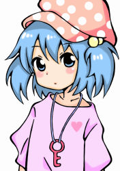 Rule 34 | 1girl, alternate costume, bad id, bad pixiv id, blue eyes, blue hair, blush, blush stickers, collarbone, corrupted metadata, hair bobbles, hair ornament, hat, heart, jewelry, kawashiro nitori, key, key necklace, looking at viewer, matching hair/eyes, meme-tan (bana nan26), necklace, pink shirt, polka dot, shirt, short sleeves, simple background, solo, touhou, twintails, two side up, upper body, white background