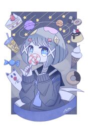 Rule 34 | 1girl, black serafuku, blue background, blue eyes, blue neckerchief, blush, border, cake, candy, cathead, checkerboard cookie, chocolate doughnut, cloud, collarbone, commentary, cookie, covering own mouth, diamond hair ornament, doughnut, drinking straw, food, ghost, grey hair, hair ornament, hairclip, highres, holding, holding candy, holding food, holding lollipop, ice cream, ice cream cone, juice, lollipop, long sleeves, looking at viewer, neckerchief, night, night sky, no nose, nose blush, omochi noa, original, pinky out, pudding, red nails, sailor collar, school uniform, serafuku, shooting star, short hair, signature, sky, sleeves past wrists, solid oval eyes, solo, star (sky), strawberry shortcake, sweets, swirl lollipop, thumbprint cookie, uniform, white border, wrapped candy