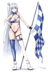 Rule 34 | 1girl, absurdres, alternate costume, asymmetrical legwear, black panties, blue thighhighs, boots, breasts, checkered flag, cleavage, clothes writing, contrapposto, cropped jacket, eyewear on head, flag, full body, fuyutsuki (kancolle), grey eyes, groin, hand on own hip, highleg, highleg panties, highres, jacket, kantai collection, kiritto, large breasts, long hair, navel, no pants, one side up, panties, race queen, simple background, solo, sunglasses, thighhighs, underwear, white background, white footwear, white hair, white jacket, white thighhighs
