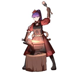 Rule 34 | 1girl, anvil, apron, autumn leaves, black apron, boots, brown gloves, gloves, hair ornament, hammer, hat, highres, glowing hot, leaf hair ornament, leather, leather gloves, long skirt, mefomefo, mirror, pincers, puffy short sleeves, puffy sleeves, purple hair, red eyes, red skirt, rope, shimenawa, short sleeves, skirt, touhou, yasaka kanako
