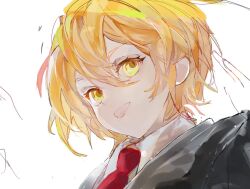 Rule 34 | 1girl, black coat, blonde hair, coat, collared shirt, don quixote (project moon), limbus company, o tyappa, open mouth, project moon, shirt, short hair, simple background, smile, solo, white background, white shirt, yellow eyes