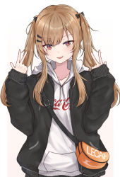 Rule 34 | 1girl, absurdres, alternate costume, black jacket, blush, brown eyes, brown hair, clothes writing, coca-cola, double v, fanny pack, girls&#039; frontline, hair ornament, hair ribbon, hairclip, highres, hood, hood down, hoodie, jacket, long hair, long sleeves, mango (mgo), open mouth, pocket, ribbon, scar, scar across eye, scar on face, sidelocks, simple background, solo, twintails, ump9 (girls&#039; frontline), v, white background, white hoodie, zipper