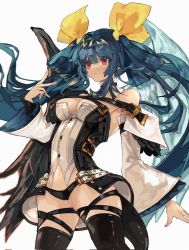 Rule 34 | 1girl, angel wings, arm up, armpit peek, armpits, asymmetrical wings, bare shoulders, belt, black panties, black thighhighs, blue hair, breasts, choker, cleavage, clothing cutout, detached collar, detached sleeves, dizzy (guilty gear), found modori, guilty gear, guilty gear xrd, hair between eyes, hair ribbon, hair rings, highres, large breasts, long sleeves, looking afar, mature female, midriff, monster girl, navel, panties, red eyes, ribbon, shaded face, sidelocks, solo, tail, thigh strap, thighhighs, thighs, twintails, underwear, v, white background, wide sleeves, wings, yellow ribbon