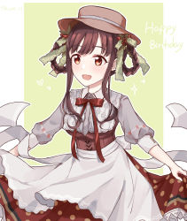 Rule 34 | 1girl, alternate costume, apron, birthday, blouse, brown hair, brown hat, brown ribbon, clothing request, collar, commentary, english commentary, english text, frilled skirt, frills, green background, green ribbon, grey shirt, happy birthday, hat, highres, idolmaster, idolmaster shiny colors, kiouri, long skirt, long sleeves, open mouth, polka dot, polka dot skirt, red skirt, ribbon, shirt, skirt, sleeve cuffs, sleeves past elbows, smile, solo, sonoda chiyoko, two-tone dress, white apron, white background, white collar, white ribbon, yellow eyes