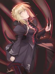 Rule 34 | 1girl, armor, artoria pendragon (all), artoria pendragon (fate), asurada yui, black bow, black shirt, black skirt, blonde hair, bow, breasts, excalibur morgan (fate), fate/stay night, fate (series), faulds, frilled sleeves, frills, hair between eyes, hair bow, highres, holding, holding sword, holding weapon, long sleeves, looking at viewer, medium breasts, print shirt, print skirt, saber alter, shirt, short hair, shrug (clothing), skirt, sleeveless, sleeveless shirt, solo, standing, sword, weapon, yellow eyes