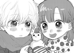 Rule 34 | 1boy, 1girl, aged down, blunt bangs, blush, blush stickers, braid, child, commentary, commission, diagonal stripes, fingernails, greyscale, hair behind ear, hair between eyes, hair ornament, hatta ayuko, highres, holding snowman, jacket, long sleeves, looking at object, medium hair, mittens, monochrome, nose blush, ookami shoujo to kuro ouji, open mouth, parted hair, parted lips, polka dot, portrait, sata kyouya, scarf, shinohara erika, short hair, simple background, single braid, sketch, smile, snowman, striped, tareme, teeth, upper body, upper teeth only