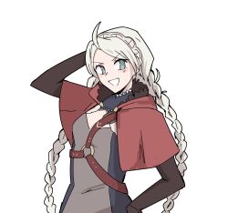 Rule 34 | 1girl, arm behind head, black bridal gauntlets, blue eyes, braid, bridal gauntlets, capelet, fire emblem, fire emblem fates, fujoshi, hairband, hand on own hip, harness, highres, hood, hood down, hooded capelet, leather, long hair, looking at viewer, low twin braids, merylemons, nina (fire emblem), nintendo, o-ring, o-ring harness, open mouth, parted bangs, red hood, smile, solo, twin braids, upper body, white hair, white hairband