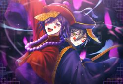 Rule 34 | 2boys, :d, alternate costume, arm up, bead necklace, beads, black hair, blush stickers, brown eyes, danganronpa (series), danganronpa v3: killing harmony, from side, hat, highres, jewelry, jiangshi, long sleeves, multiple boys, necklace, ofuda, open mouth, oma kokichi, porary, purple eyes, purple headwear, red headwear, saihara shuichi, short hair, smile, teeth, tongue, tongue out, upper teeth only