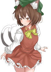 Rule 34 | 1girl, absurdres, animal ear fluff, animal ears, arms at sides, blush, bow, bowtie, bright pupils, brown eyes, brown hair, cat ears, cat tail, chen, closed mouth, commentary request, cowboy shot, double-parted bangs, green hat, hat, highres, kuraki, light smile, long sleeves, looking to the side, mob cap, multiple tails, nekomata, petite, puffy long sleeves, puffy sleeves, red skirt, red vest, short hair, simple background, skirt, skirt set, solo, tail, touhou, two tails, vest, white background, yellow bow, yellow bowtie