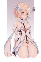 Rule 34 | 1girl, areola slip, bare shoulders, black gloves, blonde hair, blush, breasts, brown eyes, closed mouth, crotch strap, detached sleeves, dress, female pubic hair, flower, genshin impact, gloves, hair between eyes, hair flower, hair ornament, highres, litsvn, long sleeves, looking away, looking to the side, lumine (genshin impact), medium breasts, partially fingerless gloves, partially visible vulva, pearl thong, pubic hair, simple background, solo, squiggle, strapless, strapless dress, white dress, white flower, white sleeves
