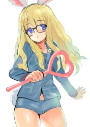 Rule 34 | 1girl, animal ears, blonde hair, blue eyes, cowboy shot, curly hair, elin, emily (pure dream), flat chest, glasses, jacket, long hair, open mouth, rabbit ears, rabbit tail, short shorts, shorts, simple background, solo, staff, tera online, thighs, white background