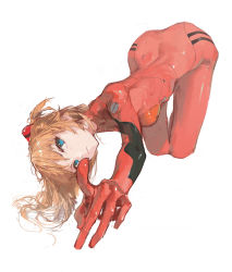 Rule 34 | 1girl, all fours, ass, blue eyes, bodysuit, breasts, brown hair, closed mouth, dino (dinoartforame), full body, highres, long hair, looking at viewer, medium breasts, neon genesis evangelion, plugsuit, red bodysuit, simple background, solo, souryuu asuka langley, white background