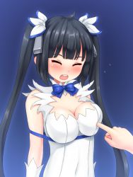 Rule 34 | 1girl, aposine, bad id, bad tumblr id, bare shoulders, black hair, blue background, blue bow, blue ribbon, blush, bow, breast poke, breasts, cleavage, cleavage cutout, closed eyes, clothing cutout, covered navel, disembodied limb, dungeon ni deai wo motomeru no wa machigatteiru darou ka, female focus, flying sweatdrops, gloves, hair ornament, hestia (danmachi), highres, large breasts, long hair, open mouth, poking, ribbon, shiny skin, simple background, skindentation, sleeveless, solo, sweat, tears, teeth, twintails, upper body, white gloves