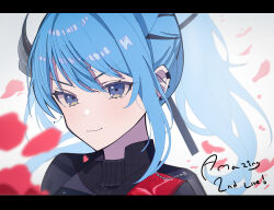 Rule 34 | 1girl, absurdres, blue hair, closed mouth, commentary request, ear piercing, earclip, english text, hair ribbon, high collar, highres, hololive, hoshimachi suisei, hoshimachi suisei (shout in crisis), long hair, official alternate costume, official alternate hair length, official alternate hairstyle, petals, piercing, pony (animal), ribbon, solo, soranori, virtual youtuber