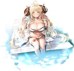 Rule 34 | 1girl, absurdres, ahoge, anila (granblue fantasy), anila (summer) (granblue fantasy), bikini, blonde hair, blush, breasts, cleavage, draph, flower, granblue fantasy, hair flower, hair ornament, highres, horns, large breasts, long hair, looking at viewer, navel, sheep horns, shimofuri, sitting, skindentation, smile, solo, swimsuit, thigh strap, thighs, very long hair, water, yellow eyes