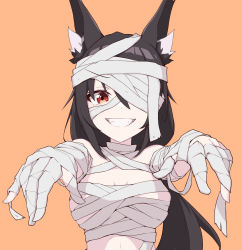 Rule 34 | 1girl, :d, animal ear fluff, animal ears, bandages, bare shoulders, black hair, breasts, cleavage, eihire, fox ears, grin, halloween, highres, hololive, kurokami fubuki, long hair, looking at viewer, mummy costume, naked bandage, one eye covered, open mouth, orange background, outstretched arms, parted lips, photoshop (medium), red eyes, simple background, smile, solo, upper body, very long hair, virtual youtuber, zombie pose
