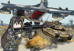 Rule 34 | 1girl, aircraft, alternate costume, assault rifle, blurry, blurry background, brown hair, caterpillar tracks, day, explosion, girls&#039; frontline, gloves, green gloves, gun, holding, holding gun, holding weapon, load bearing vest, long hair, m1 abrams, m4 carbine, m4a1 (girls&#039; frontline), machine gun, military, military uniform, military vehicle, motor vehicle, multicolored hair, outdoors, puffypau26, rifle, scope, sky, solo, streaked hair, tank, transport plane, uniform, weapon