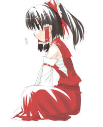 Rule 34 | 1girl, bad id, bad pixiv id, bow, brown hair, detached sleeves, female focus, from side, full body, gotyou, hair bow, hair tubes, hakama, hakama skirt, hakurei reimu, indian style, japanese clothes, long sleeves, miko, profile, red hakama, ribbon-trimmed sleeves, ribbon trim, sidelocks, sitting, skirt, solo, touhou