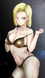 Rule 34 | 1girl, android 18, animal print, aqua eyes, blonde hair, bra, bra pull, bracelet, breasts, closed mouth, clothes pull, collarbone, contrapposto, dragon ball, dragonball z, earrings, forehead, from side, hands up, jewelry, lace, lace-trimmed panties, lace trim, large breasts, leopard print, mature female, minpei ichigo, nail polish, navel, necklace, panties, pink nails, print bra, print panties, pulling own clothes, short hair, skindentation, solo, stomach, strap pull, thighhighs, underwear