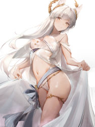 Rule 34 | 1girl, animal ear fluff, animal ears, arknights, bikini, breasts, brown eyes, covered erect nipples, eyyy, highres, horse ears, laurel crown, light smile, long hair, looking at viewer, medium breasts, midriff, navel, official alternate costume, platinum (arknights), platinum (shimmering dew) (arknights), sash, see-through, smile, solo, standing, stomach, swimsuit, thighlet, thighs, very long hair, white bikini, white hair