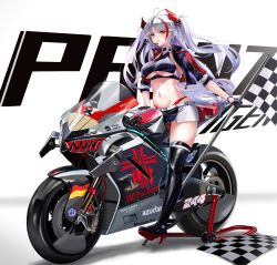 Rule 34 | 1girl, absurdres, antenna hair, azur lane, belt, black choker, black footwear, black gloves, black jacket, black shirt, black skirt, blush, boots, breasts, brz, character name, checkered flag, choker, closed mouth, clothing cutout, commentary, crop top, cropped jacket, cropped shirt, earpiece, flag, full body, gloves, groin, hair between eyes, half gloves, headgear, high heel boots, high heels, highleg, highleg panties, highres, holding, holding flag, iron blood (emblem), jacket, large breasts, long hair, looking at viewer, motor vehicle, motorcycle, multicolored hair, navel, official alternate costume, on motorcycle, open clothes, open jacket, orange eyes, panties, prinz eugen (azur lane), prinz eugen (final lap) (azur lane), race queen, red hair, red panties, shadow, shirt, sidelocks, silver hair, simple background, sitting, skirt, sleeveless, sleeveless shirt, solo, stomach, streaked hair, thigh boots, thighhighs, two-tone skirt, two side up, underboob, underboob cutout, underwear, very long hair, white background, white belt, white skirt, zettai ryouiki, zipper pull tab