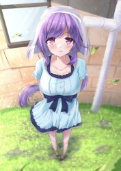 Rule 34 | 1girl, :d, absurdres, aqua dress, blue bow, blue ribbon, blurry, blush, bow, breasts, bridal veil, casual, collarbone, commentary, day, depth of field, dress, falling leaves, foreshortening, frilled dress, frills, full body, grass, happy, highres, kokoroofiscream, large breasts, leaf, long hair, looking at viewer, low ponytail, mizuori shizuku, open mouth, outdoors, purple eyes, purple hair, ribbon, short sleeves, sidelocks, smile, solo, standing, straight-on, summer pockets, swept bangs, tareme, upturned eyes, veil, veil lift, very long hair, window
