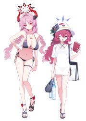 2girls alternate_costume bag bikini black_bikini blue_archive blush book breasts cleavage commentary deadnooodles demon_girl demon_horns flip-flops halo highres holding holding_bag holding_book horns iroha_(blue_archive) large_breasts long_hair multiple_girls one_eye_closed pink_hair red_hair sandals satsuki_(blue_archive) smile swimsuit symbol-only_commentary toeless_footwear