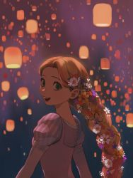 Rule 34 | 1girl, arms at sides, backlighting, blonde hair, blue flower, braid, darkness, dress, eyelashes, flower, freckles, green eyes, hair flower, hair ornament, juliet sleeves, lace, lantern, leaf, lips, long hair, long sleeves, looking at viewer, looking back, nape, night, night sky, open mouth, orange flower, outdoors, pano (mohayayamai), paper lantern, pink flower, puffy sleeves, purple dress, purple flower, rapunzel (disney), sky, smile, solo, striped, striped sleeves, tangled, teeth, upper body, very long hair, white flower, yellow flower